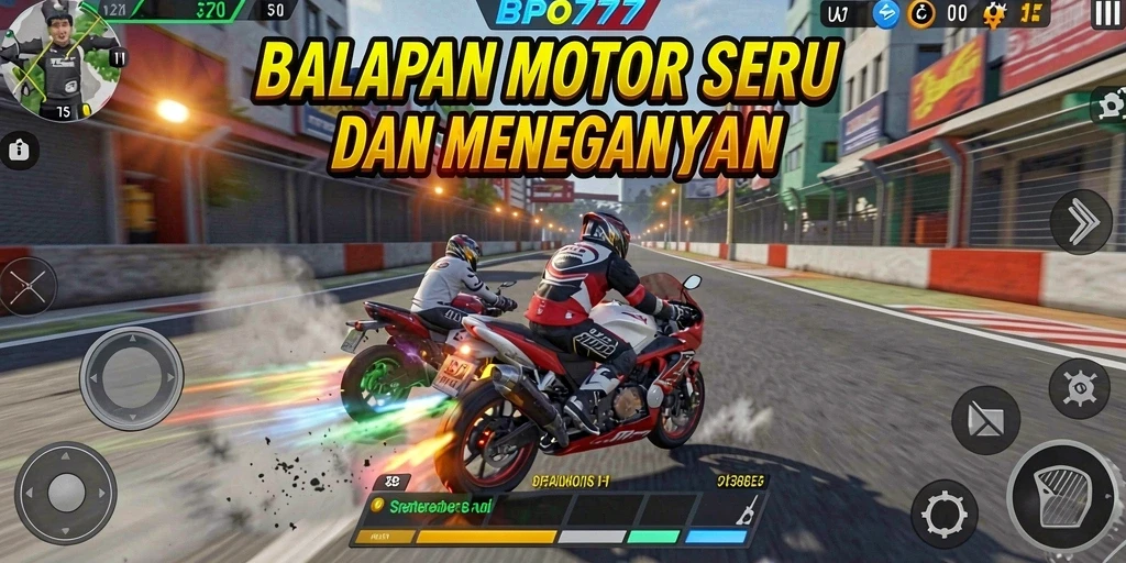 Tampilan gameplay BPO777 dengan balapan motor yang seru.