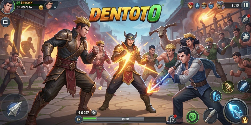 Tangkapan layar gameplay DENTOTO menampilkan pertarungan seru antar karakter.