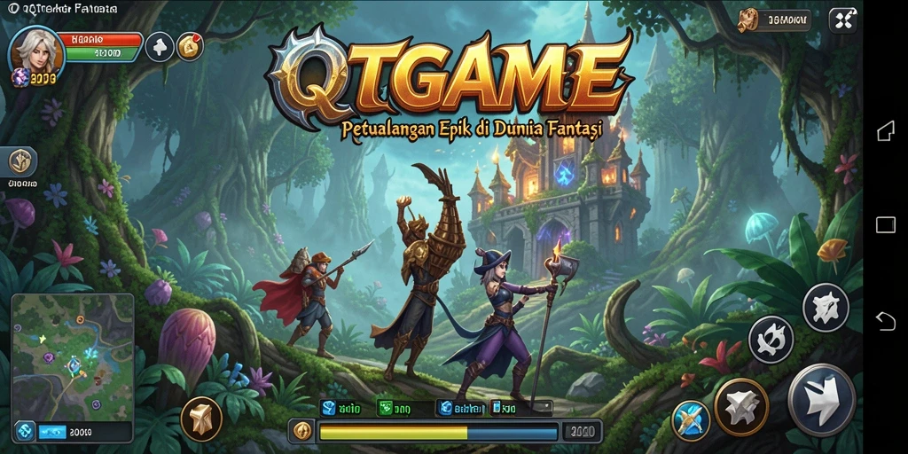 Tangkapan layar gameplay QTGAME yang menunjukkan pertempuran epik dan eksplorasi dunia fantastis.
