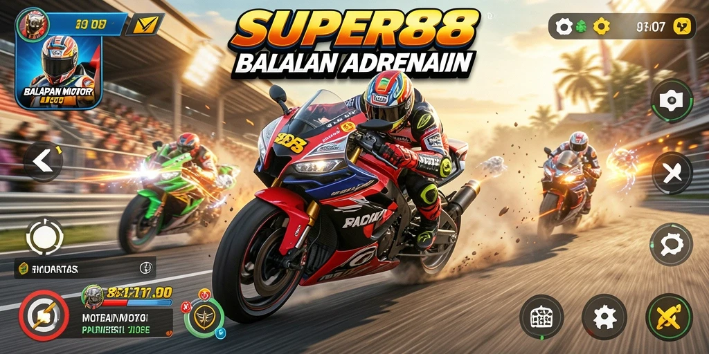 Tangkapan layar gameplay <strong>SUPER88</strong> dengan balapan motor yang seru.