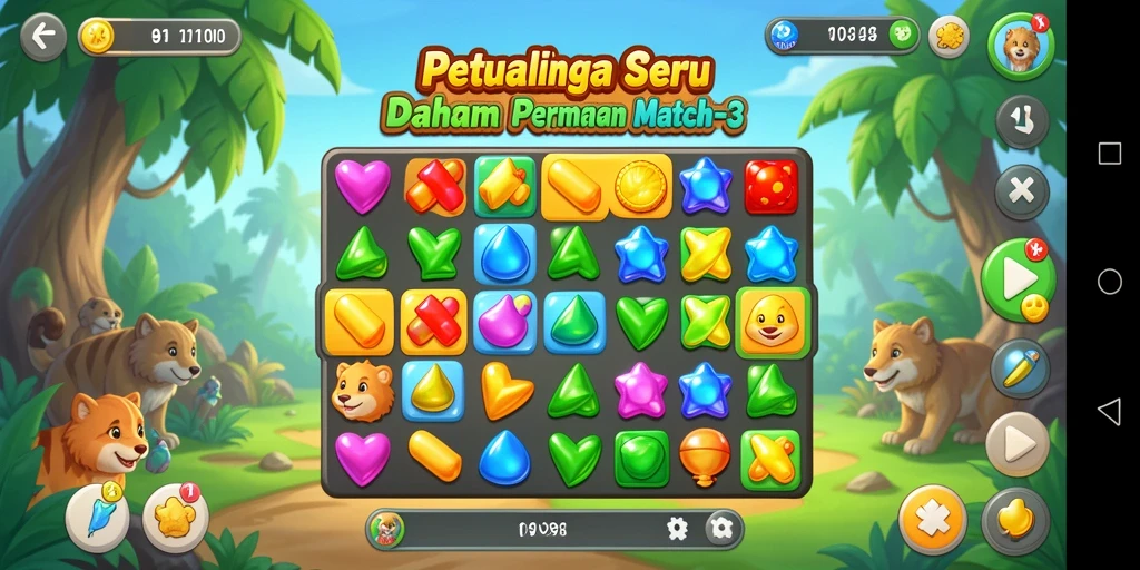 Tangkapan layar menampilkan gameplay seru dari V98 dengan elemen Match-3.